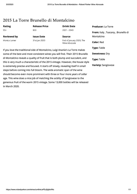 2020-01-31 - Review - 2015 La Torre Brunello di Montalcino - Monica Larner - Robert Parker Wine Advocate