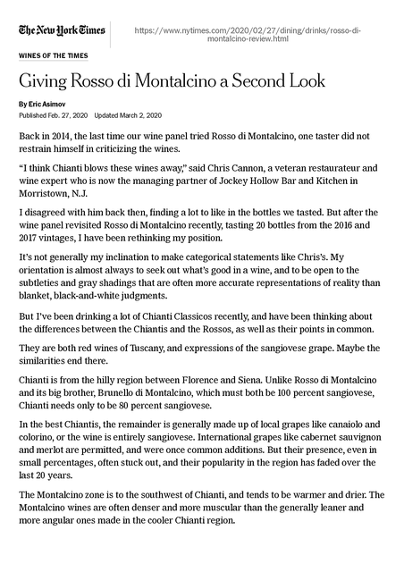2020-02-27 - Review - Giving Rosso di Montalcino a Second Look - The New York Times