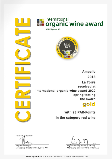 2020 - Award - International Organic Wine Award - Certificato Ampelio 18