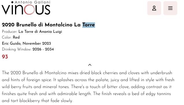 Brunello di Montalcino 2020 - Eric Guido - Antonio Galloni Vinous